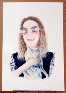 large drawing on paper, woman with cat